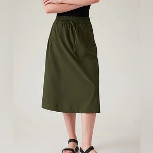 Athleta Arrival Midi Skirt Featherweight Stretch Drawstring Aspen Olive Green 4